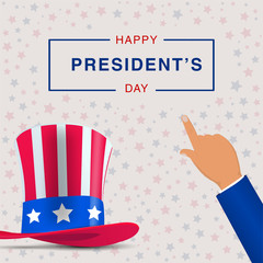 Happy Presidents Day with hat and pointing hand. Vector illustration background for President's day in USA.