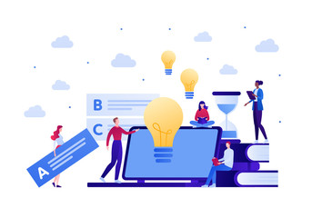 Online education exam concept. Vector flat person illustration. Different ethnic people around laptop computer with light bulb idea sign. Design element for banner, poster, infographic, background