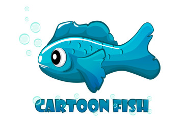 Blue cartoon fish swims in the water.