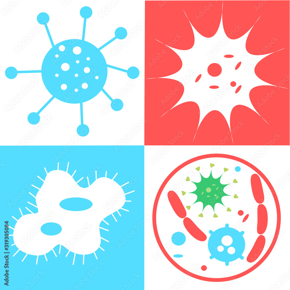Poster bacteria, microbes and viruses icons set, sign and symbols in flat design health with elements for m