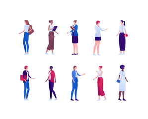 Business and casual work fashion female concept. Vector flat person illustration set. Women of different ethnic standing on white. Design element for banner, infographic poster, web background