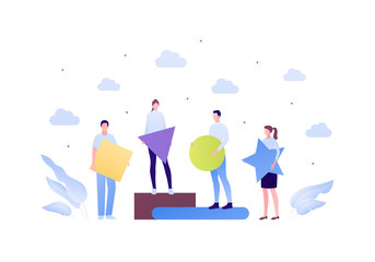 Business organization people teamwork concept. Vector flat person illustration. Group of people standing with abstract shapes in hand. Design element for banner, poster, background, print.