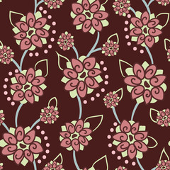 A botanical seamless vector pattern with flowers on dark burgundy background. Decorative feminine surface print design. Great for fabrics, greeting cards, invitations, and wrapping paper.