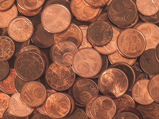 Image full of Euro cents, copper coin, one and two cents coin will be dismissed by ECB