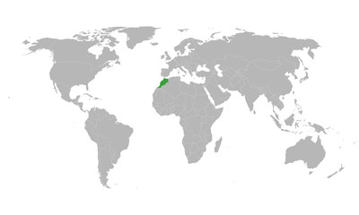 Fototapeta na wymiar Morocco highlighted green on world political map. Gray background.