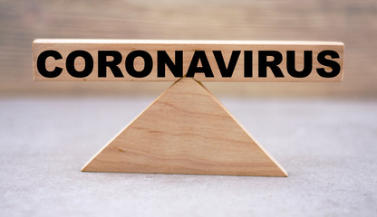 concept word coronavirus on wooden scales on a light background