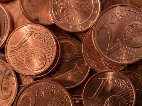 Image full of Euro cents, copper coin, one and two cents coin will be dismissed by ECB