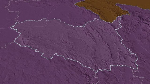 Pardubick&yacute;, region with its capital, zoomed and extruded on the administrative map of Czech Republic in the conformal Stereographic projection. Animation 3D