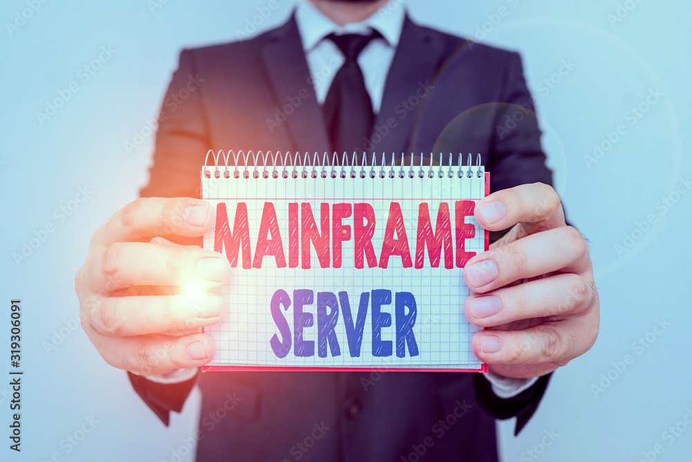 Poster writing note showing mainframe server. business concept for designed for processing large amounts of