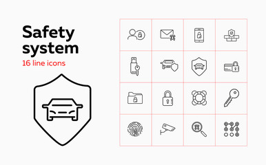 Fototapeta premium Safety system line icon set. Car, shield, lock, key, spider. Protection concept. Can be used for topics like antivirus, car alarm system, credit card security