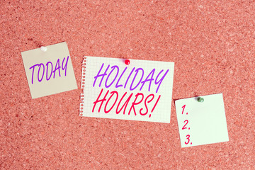Text sign showing Holiday Hours. Business photo showcasing Overtime work on for employees under...