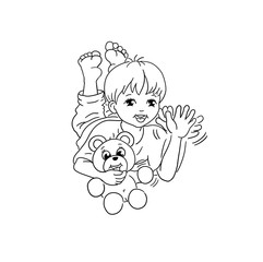 kleiner Junge mit Teddy Bär Spielzeug im Arm winkt und lächelt, lacht. Kleinkind Baby niedlich barfuß freudig lachen, Emotion, Beine winken, Kindergarten, Begrüßung, Willkommen, Hallo, schwarzweiß