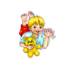 kleiner Junge blond mit Teddy Bär Spielzeug im Arm winkt und lächelt, lacht. Kleinkind Baby niedlich barfuß freudig lachen, Emotion, Beine winken, Kindergarten, Begrüßung, Willkommen, Hallo