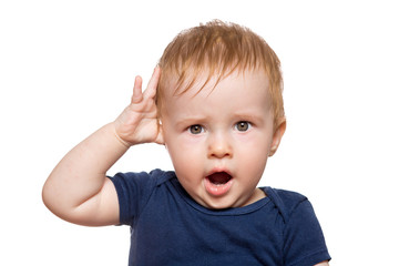 portrait of a child with sensations on his face, with surprise, his mouth is open and his hand is put to his head, a white-skinned Toddler in blue clothes isolated on a white background.