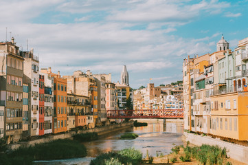 Naklejka na ściany i meble Landscape of Girona city, Catalonia, Spain, summer vacation in Europe