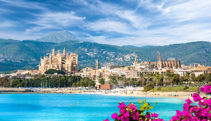 Landscape with beach and Palma de Mallorca town, Spain - obrazy, fototapety, plakaty
