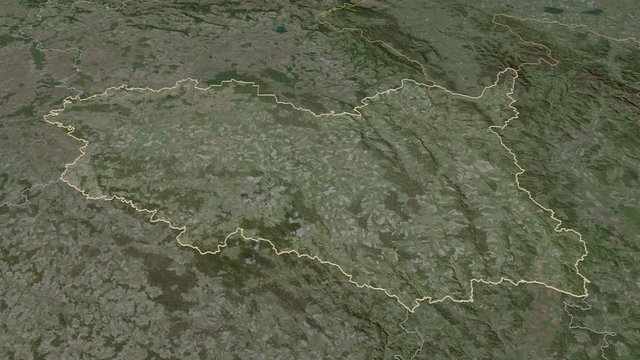 Pardubick&yacute;, region with its capital, zoomed and extruded on the satellite map of Czech Republic in the conformal Stereographic projection. Animation 3D