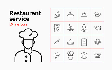 Restaurant service icons. Set of line icons. Dessert, dish, menu. Cafe concept. Vector illustration can be used for topics like restaurant, chef, public place