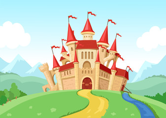 Illustration du château de conte de fées Paysage fantastique avec la maison médiévale du royaume des fées