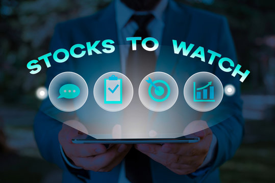 Text sign showing Stocks To Watch. Business photo showcasing being heavy broker and watch every increase decrease