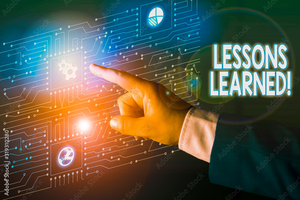 Poster handwriting text lessons learned. conceptual photo experiences distilled project that should activel