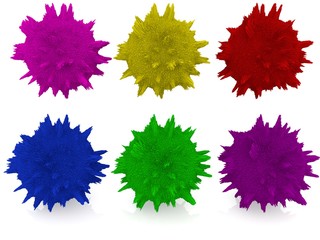 Six abstract balls of different colors on white