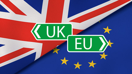 Brexit. EU and UK silk flags background. 3d illustration