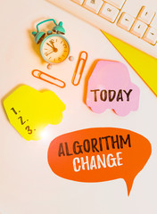 Writing note showing Algorithm Change. Business concept for change in procedure designed to perform an operation Flat lay with copy space on bubble paper clock and paper clips