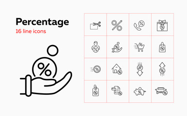 Percentage line icon set. House, car, shopping bag, piggy bank. Finance concept. Can be used for topics like bank interest, discount, deposit