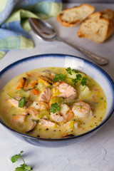 Seafood chowder with salmon, shrimps, crabmeat and mussels
