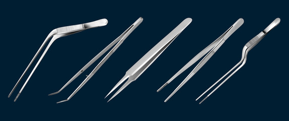 Set of tweezers. Long serrated angled tweezers, anatomical forceps, dental straight surgical pincers, curved tweezers, bayonet pincette. Manual surgical instrument. Vector illustration