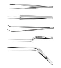 Set of tweezers. Long serrated angled tweezers, anatomical forceps, dental straight surgical pincers, curved tweezers, bayonet pincette. Manual surgical instrument. Isolated objects. Vector