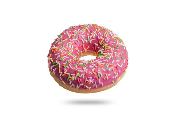  pink glazed donut with colored sprinkles. isolated on white background