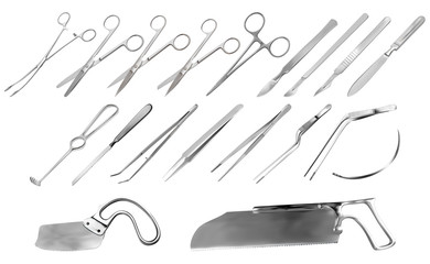 Set of surgical instruments. Tweezers, scalpels, Liston s amputation knife, clamp, scissors, Folkman hook, Meyer forceps, needle, Langenbek saw, Satterlee Bone Saw, Plaster saw Bergman. Vector