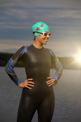 one caucasian woman practicing triathlon swimming 