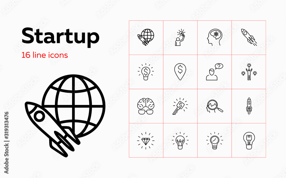Poster startup line icon set. new idea, brain, problem solving. business concept. can be used for topics li