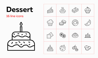 Dessert line icon. Set of line icons on white background. Cake piece, chocolate bun, cookie. Bakery concept. Vector can be used for topics like food, unhealthy eating, confectionary