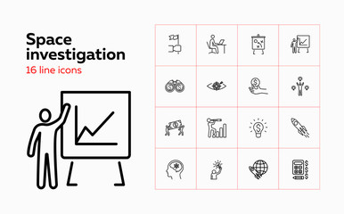 Space investigation icons. Set of line icons on white background. Rocket, science, spaceship. Can be used for topics like space, science