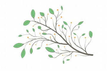 Branch with green leaves of different shapes and berries on a notebook sheet in vintage style