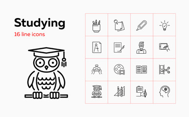 Studying line icon set. Professor, tutorial, owl. Education concept. Can be used for topics like distance learning, video content, training courses