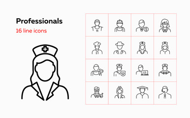 Professionals line icon set. Doctor, sportsman, policeman. Occupation concept. Can be used for topics like work, vocation, expertise
