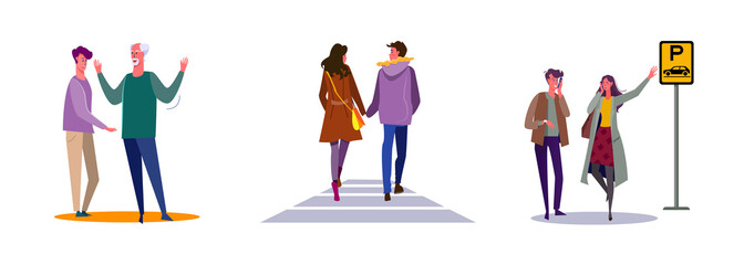 Set of father and son discussing and arguing. Flat vector illustrations of couples going out on date. Argue, dating, ordering taxi concept for banner, website design or landing web page