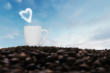 coffee cup concept on a mountain of coffee beans coffee cup concept on a mountain of coffee beans with heart of clouds