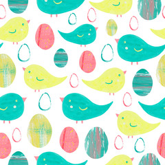 Cute Easter seamless pattern. In mixed media collage on paper. Birds and eggs green, yellow, red elements. For printing, textile