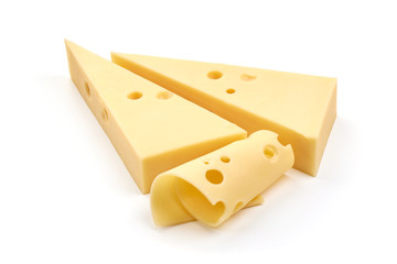 Emmental cheese triangle, isolated on white background
