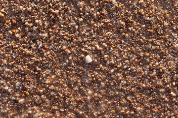 Small pebbles form the background of the sea shore. Coarse multicolor sand.