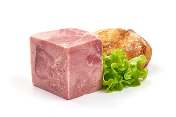 Boiled ham sausage, marble cube, isolated on white background