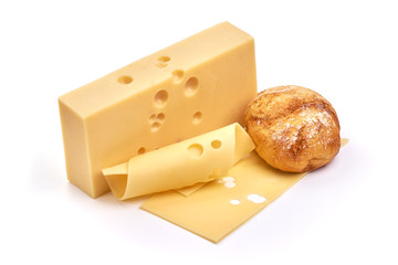 Emmental cheese, Swiss cheese, isolated on white background