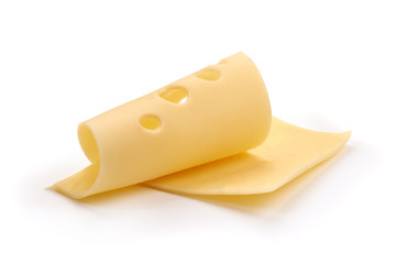 Maasdam cheese slice, isolated on white background