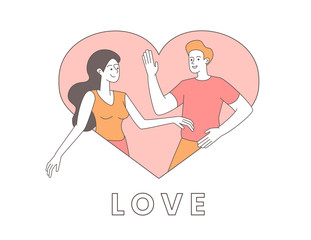Couple in heart shaped frame illustration. Happy pair in relationship, girlfriend and boyfriend cartoon characters. Valentine day greeting card, romantic holiday postcard design element